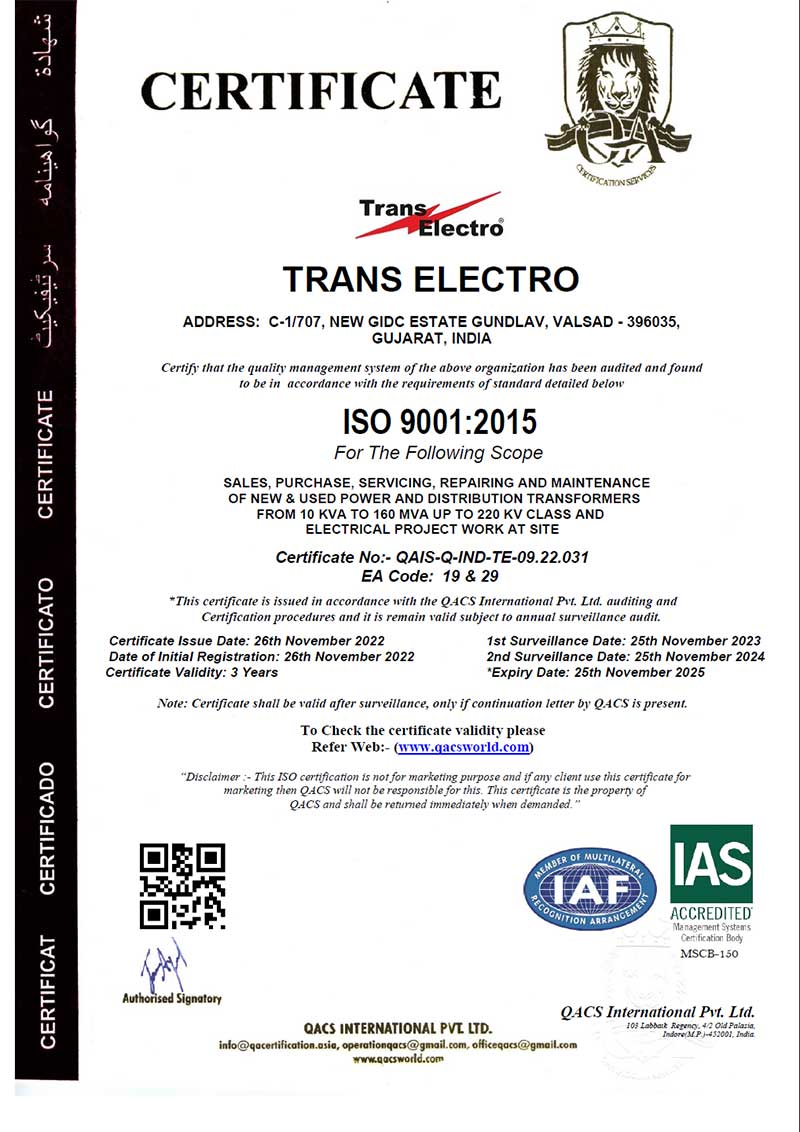 Trans Electro Valsad Gujarat power transformer repair service company Certifications