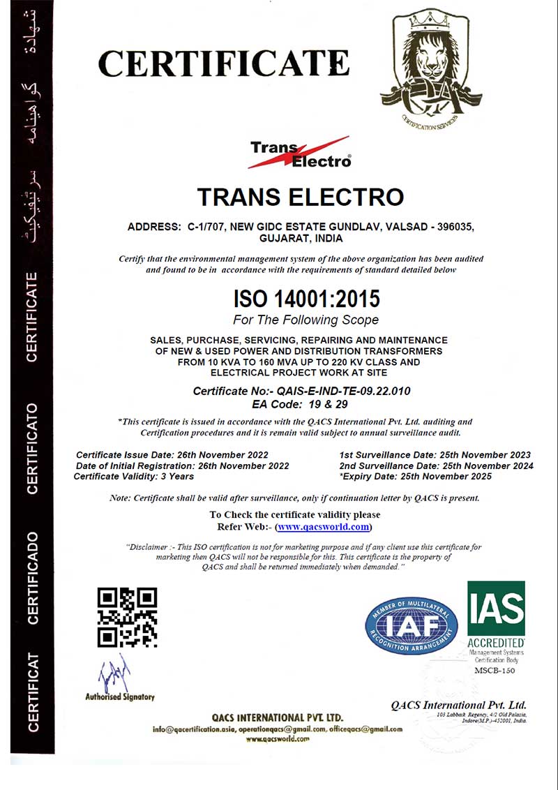 Trans Electro Valsad Gujarat power transformer repair service company Certifications