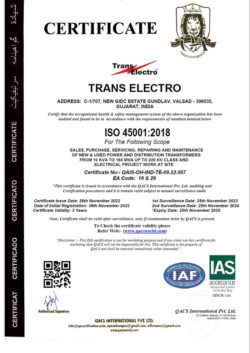 Trans Electro Valsad Gujarat power transformer repair service company Certifications